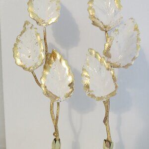 Super Luxury Vintage Italian Tole Leaf Lamp Finials, Antique White/ 14 KT Gold.